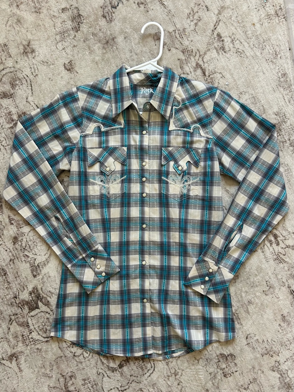 Rock Revival Teal Gray Plaid Western Snap-Front Shirt